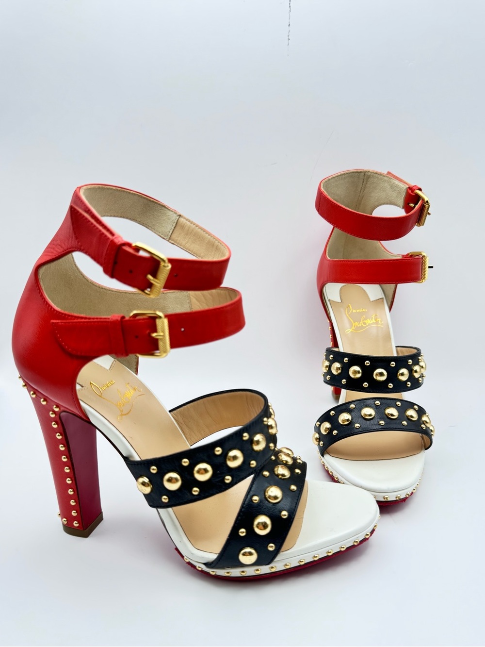 Christian Louboutin Decodame 120 Studded Red Black White Platform Sandals Sz 36
